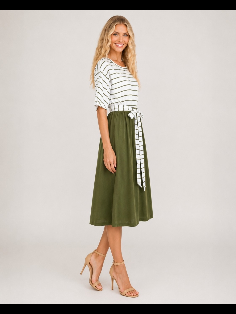 Merokeety Womens Flutter Sleeves White Striped Olive Green Midi Dress w/Belt, L - Picture 2 of 6